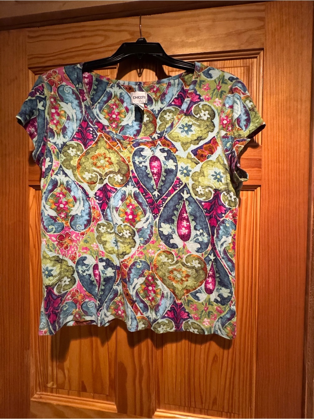 Chico's Size 3/ Size 16 Green & Pink Paisley Short-Sleeve Women's Top